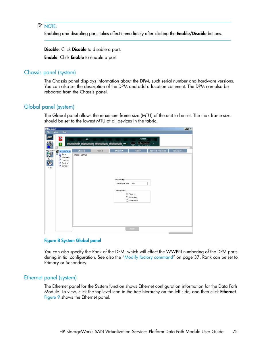 Chassis panel (system), Global panel (system), Ethernet panel (system) | 75 global panel (system), 75 ethernet panel (system), System global panel | HP SAN Virtualization Services Platform User Manual | Page 75 / 94
