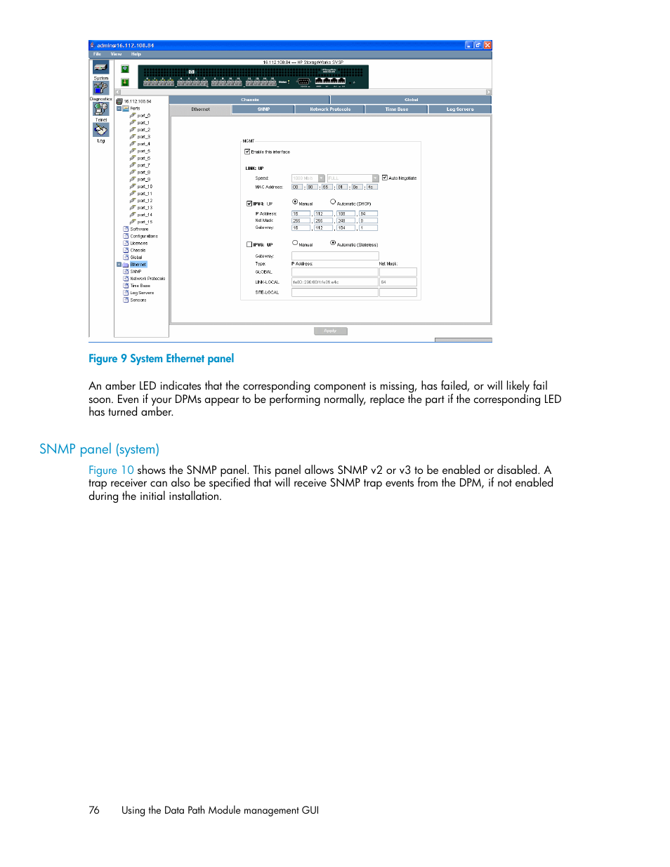 Snmp panel (system), System ethernet panel, Figure 9 | HP SAN Virtualization Services Platform User Manual | Page 76 / 94