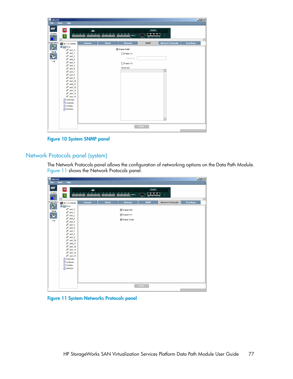 Network protocols panel (system), System snmp panel, System networks protocols panel | HP SAN Virtualization Services Platform User Manual | Page 77 / 94