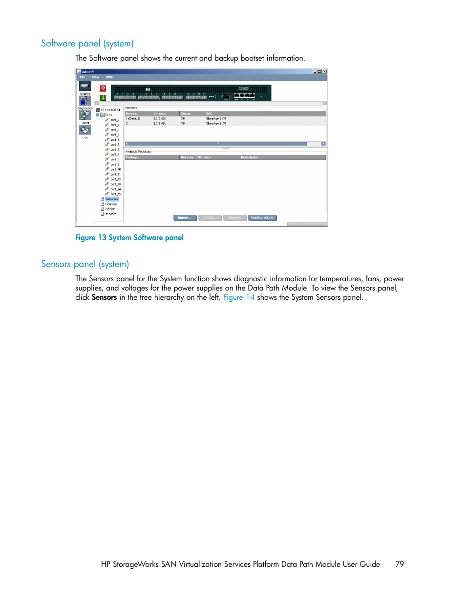 Software panel (system), Sensors panel (system), 79 sensors panel (system) | System software panel | HP SAN Virtualization Services Platform User Manual | Page 79 / 94