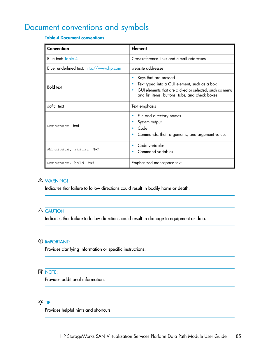 Document conventions and symbols, Document conventions | HP SAN Virtualization Services Platform User Manual | Page 85 / 94