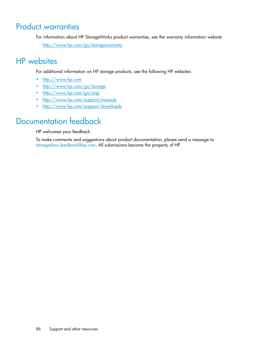 Product warranties, Hp websites, Documentation feedback | 86 hp websites, 86 documentation feedback | HP SAN Virtualization Services Platform User Manual | Page 86 / 94