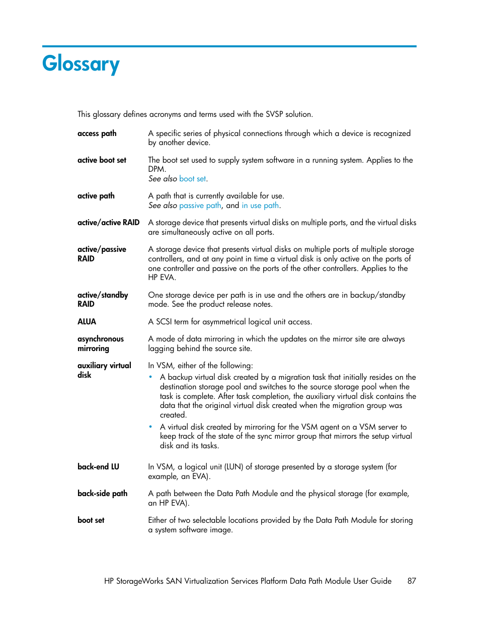 Glossary | HP SAN Virtualization Services Platform User Manual | Page 87 / 94