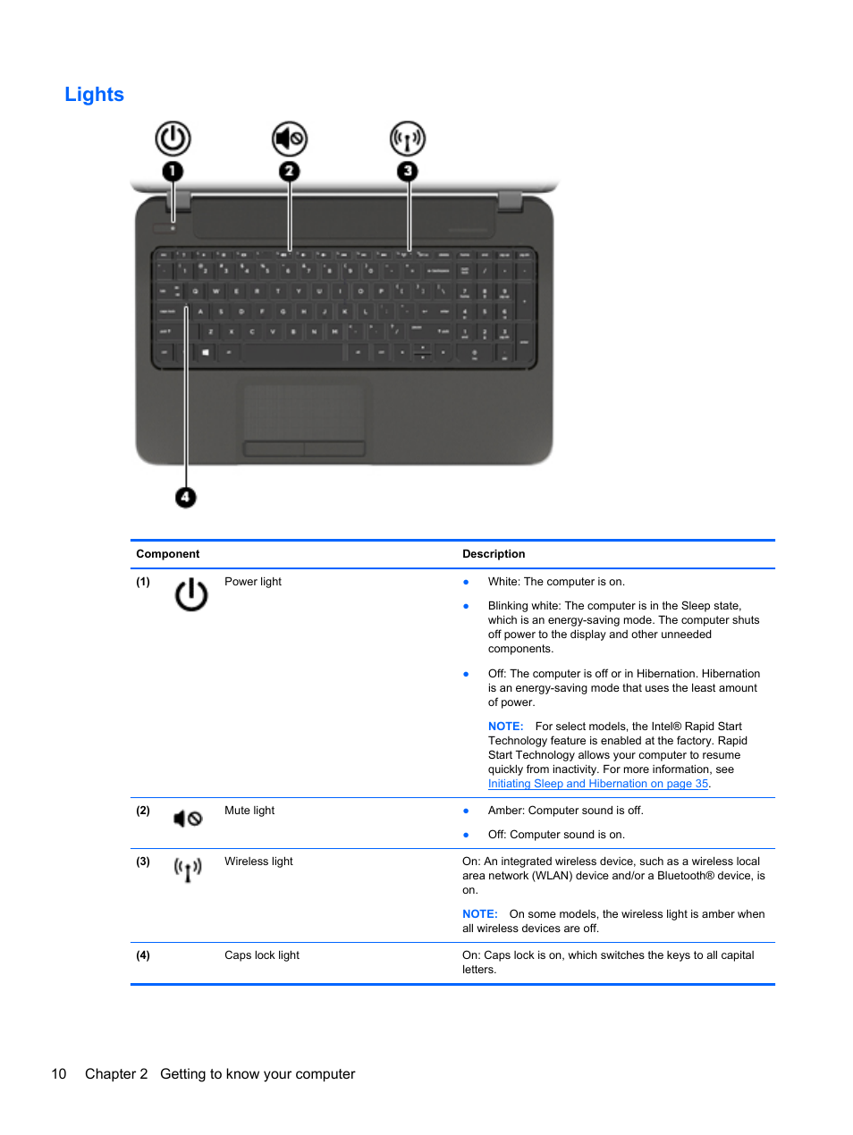 Lights, 10 chapter 2 getting to know your computer | HP Pavilion 17-e031nr Notebook PC User Manual | Page 20 / 89