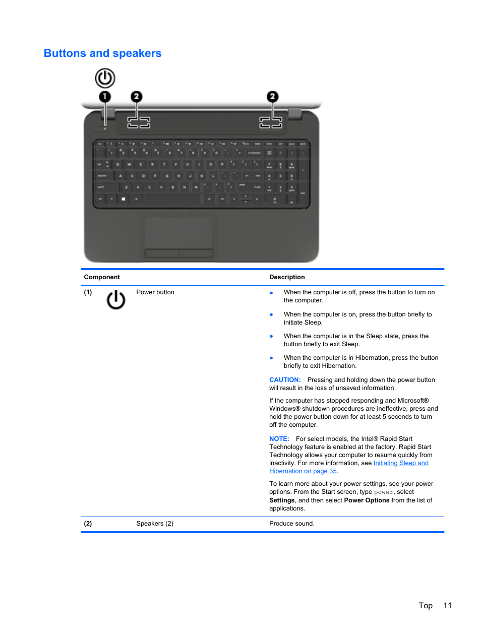 Buttons and speakers | HP Pavilion 17-e031nr Notebook PC User Manual | Page 21 / 89