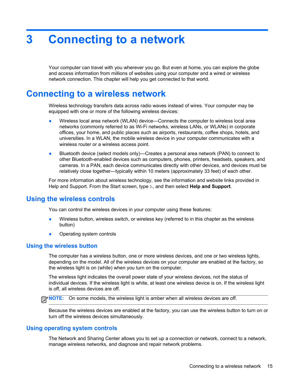 Connecting to a network, Connecting to a wireless network, Using the wireless controls | Using the wireless button, Using operating system controls, 3 connecting to a network, Connecting, 3connecting to a network | HP Pavilion 17-e031nr Notebook PC User Manual | Page 25 / 89