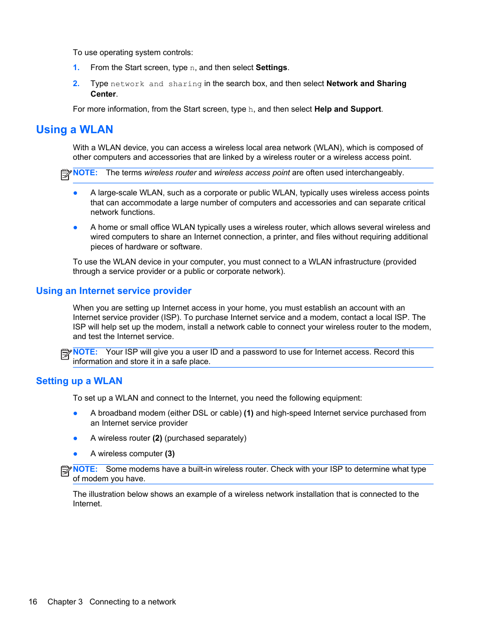 Using a wlan, Using an internet service provider, Setting up a wlan | HP Pavilion 17-e031nr Notebook PC User Manual | Page 26 / 89
