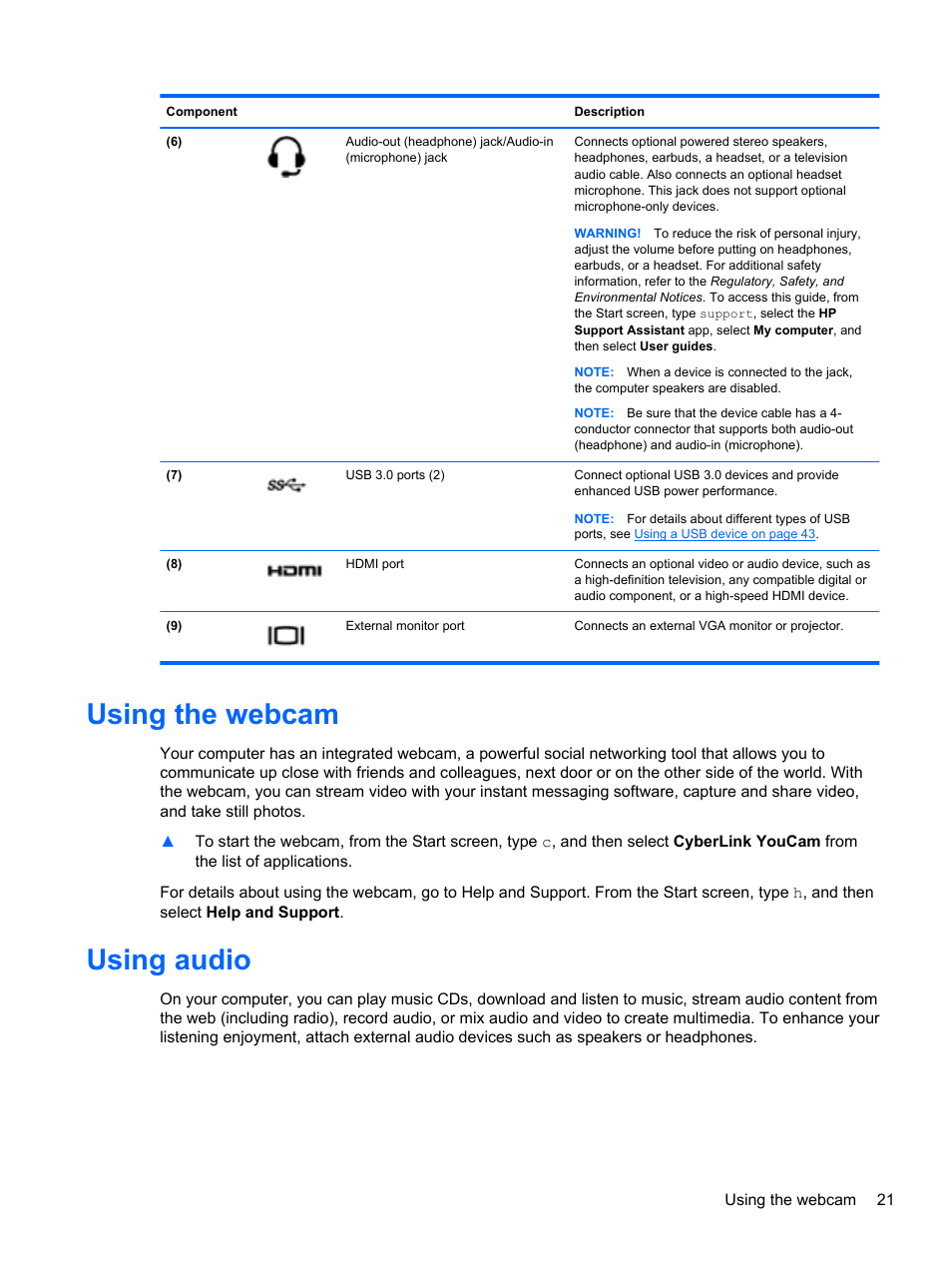 Using the webcam, Using audio, Using the webcam using audio | HP Pavilion 17-e031nr Notebook PC User Manual | Page 31 / 89