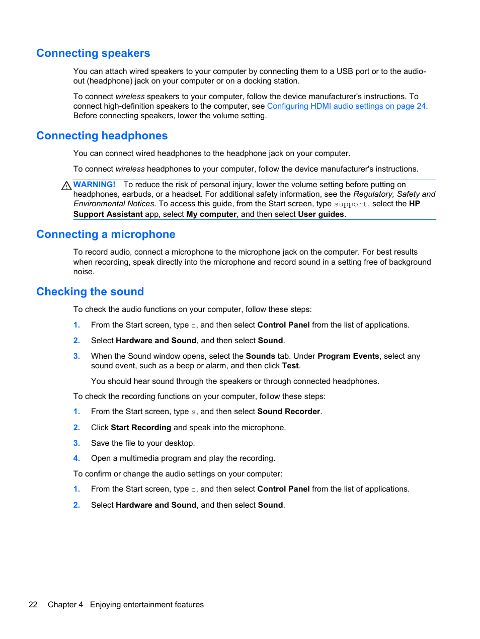 Connecting speakers, Connecting headphones, Connecting a microphone | Checking the sound | HP Pavilion 17-e031nr Notebook PC User Manual | Page 32 / 89