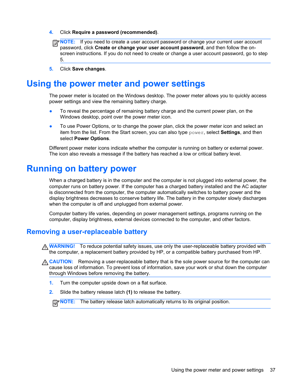 Using the power meter and power settings, Running on battery power, Removing a user-replaceable battery | HP Pavilion 17-e031nr Notebook PC User Manual | Page 47 / 89