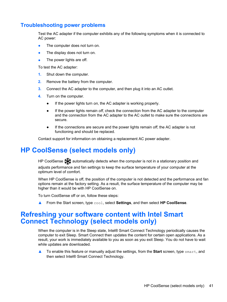 Troubleshooting power problems, Hp coolsense (select models only) | HP Pavilion 17-e031nr Notebook PC User Manual | Page 51 / 89
