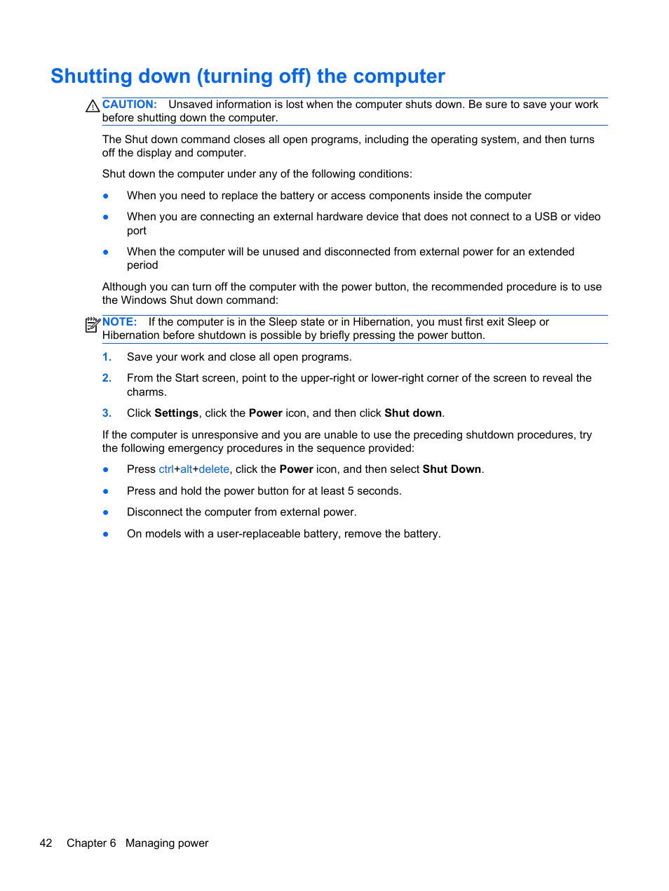 Shutting down (turning off) the computer | HP Pavilion 17-e031nr Notebook PC User Manual | Page 52 / 89