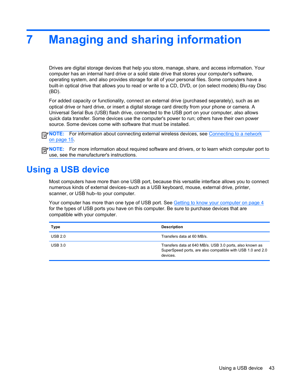 Managing and sharing information, Using a usb device, 7 managing and sharing information | 7managing and sharing information | HP Pavilion 17-e031nr Notebook PC User Manual | Page 53 / 89