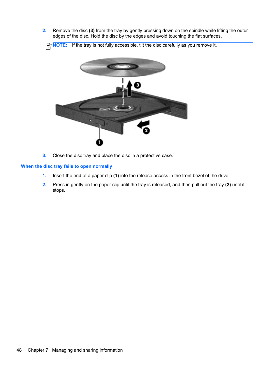 When the disc tray fails to open normally | HP Pavilion 17-e031nr Notebook PC User Manual | Page 58 / 89