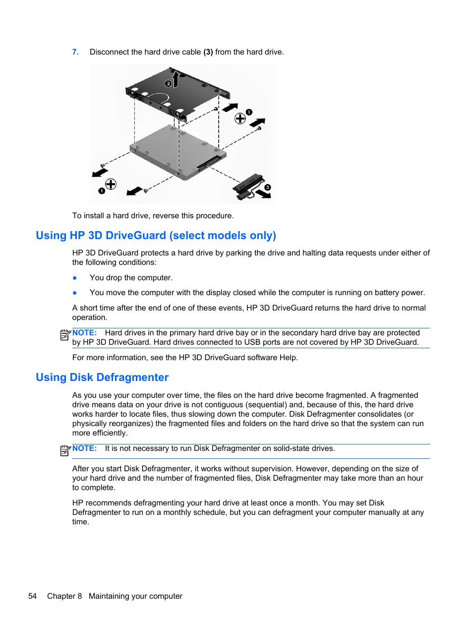 Using hp 3d driveguard (select models only), Using disk defragmenter | HP Pavilion 17-e031nr Notebook PC User Manual | Page 64 / 89