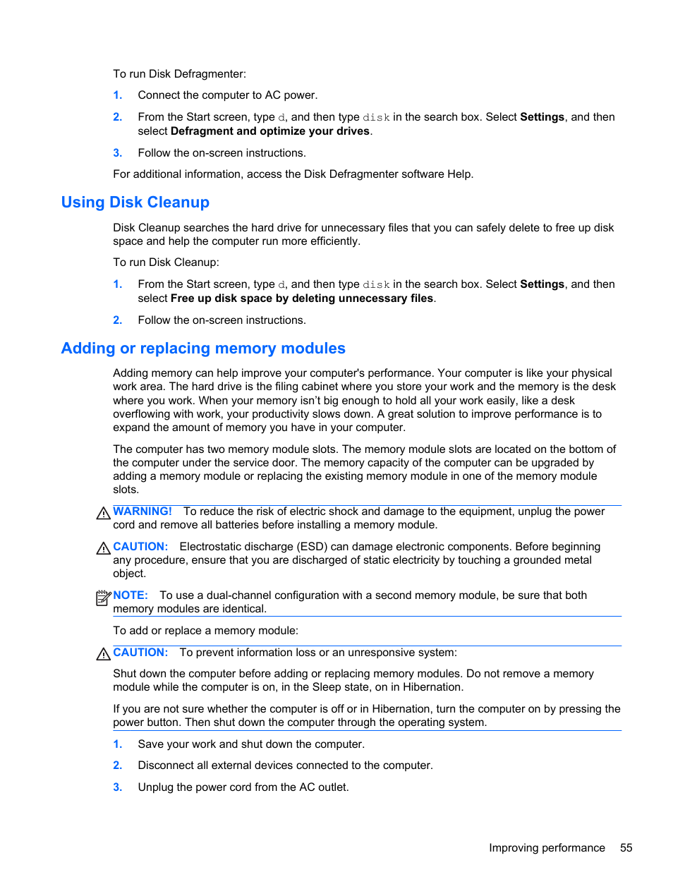 Using disk cleanup, Adding or replacing memory modules | HP Pavilion 17-e031nr Notebook PC User Manual | Page 65 / 89