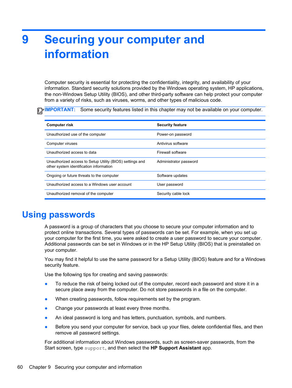 Securing your computer and information, Using passwords, 9 securing your computer and information | 9securing your computer and information | HP Pavilion 17-e031nr Notebook PC User Manual | Page 70 / 89