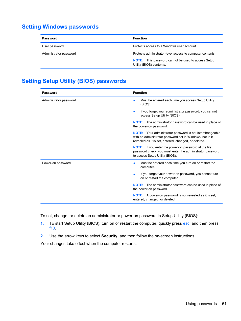 Setting windows passwords, Setting setup utility (bios) passwords | HP Pavilion 17-e031nr Notebook PC User Manual | Page 71 / 89
