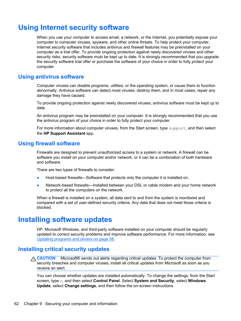 Using internet security software, Using antivirus software, Using firewall software | Installing software updates, Installing critical security updates, Using antivirus software using firewall software | HP Pavilion 17-e031nr Notebook PC User Manual | Page 72 / 89