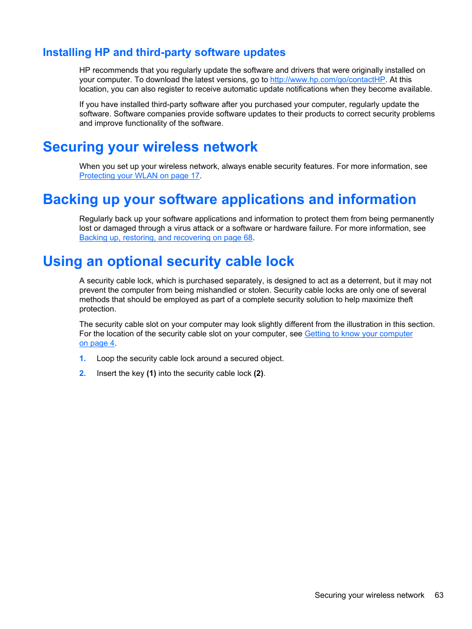 Installing hp and third-party software updates, Securing your wireless network, Using an optional security cable lock | HP Pavilion 17-e031nr Notebook PC User Manual | Page 73 / 89
