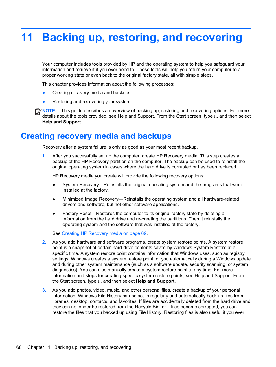 Backing up, restoring, and recovering, Creating recovery media and backups, 11 backing up, restoring, and recovering | Backing up | HP Pavilion 17-e031nr Notebook PC User Manual | Page 78 / 89