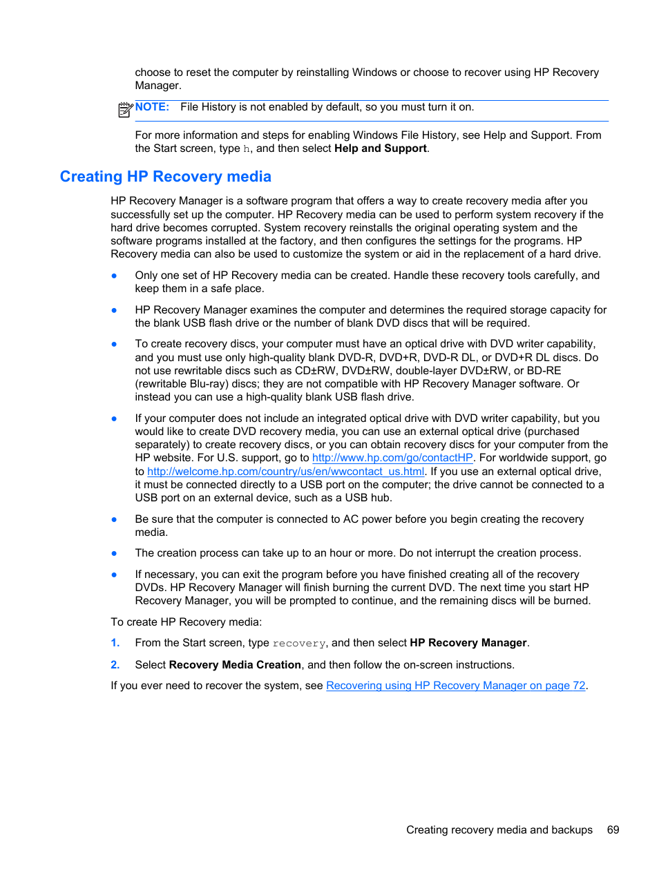 Creating hp recovery media | HP Pavilion 17-e031nr Notebook PC User Manual | Page 79 / 89