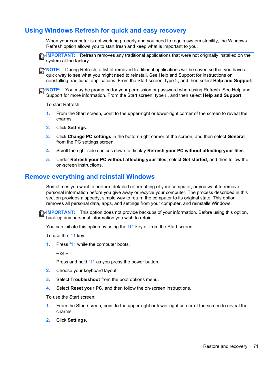 Using windows refresh for quick and easy recovery, Remove everything and reinstall windows | HP Pavilion 17-e031nr Notebook PC User Manual | Page 81 / 89