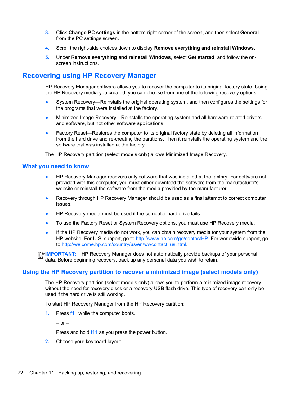 Recovering using hp recovery manager, What you need to know | HP Pavilion 17-e031nr Notebook PC User Manual | Page 82 / 89