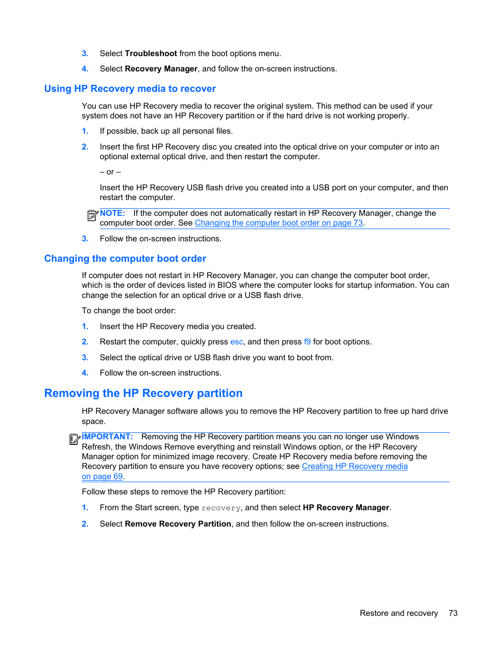 Using hp recovery media to recover, Changing the computer boot order, Removing the hp recovery partition | HP Pavilion 17-e031nr Notebook PC User Manual | Page 83 / 89