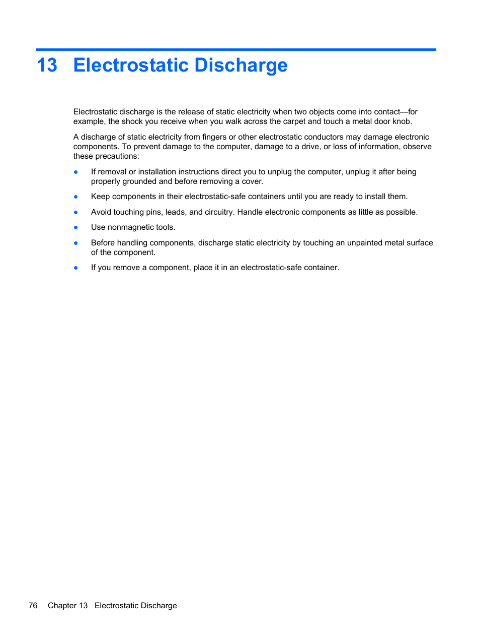 Electrostatic discharge, 13 electrostatic discharge | HP Pavilion 17-e031nr Notebook PC User Manual | Page 86 / 89
