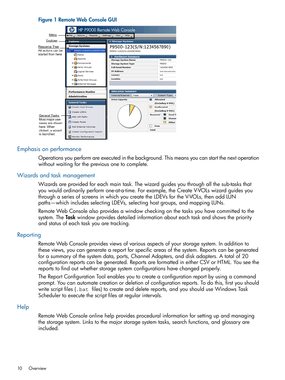 Emphasis on performance, Wizards and task management, Reporting | Help | HP XP RAID Manager Software User Manual | Page 10 / 182