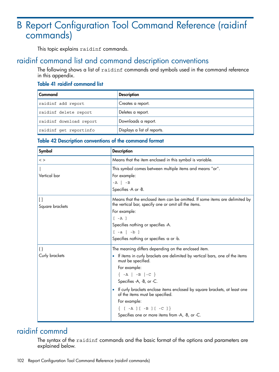 Raidinf commnd, Report configuration tool, Report configuration tool command | HP XP RAID Manager Software User Manual | Page 102 / 182