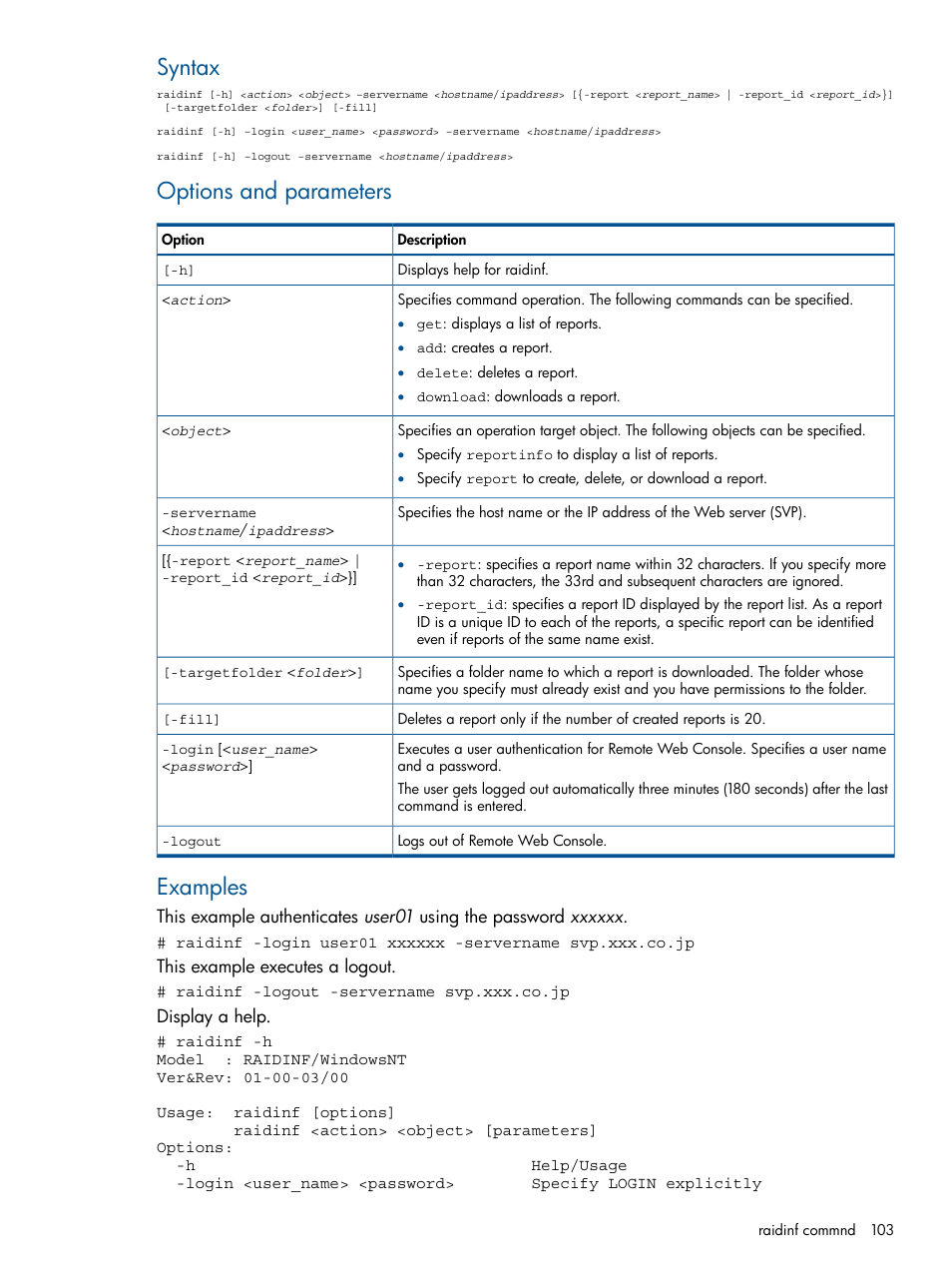 Syntax, Options and parameters, Examples | HP XP RAID Manager Software User Manual | Page 103 / 182