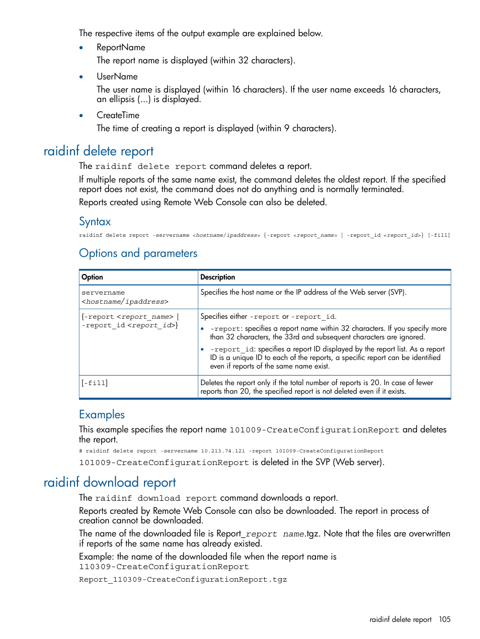 Raidinf delete report, Raidinf download report, Raidinf delete report raidinf download report | Syntax, Options and parameters, Examples | HP XP RAID Manager Software User Manual | Page 105 / 182