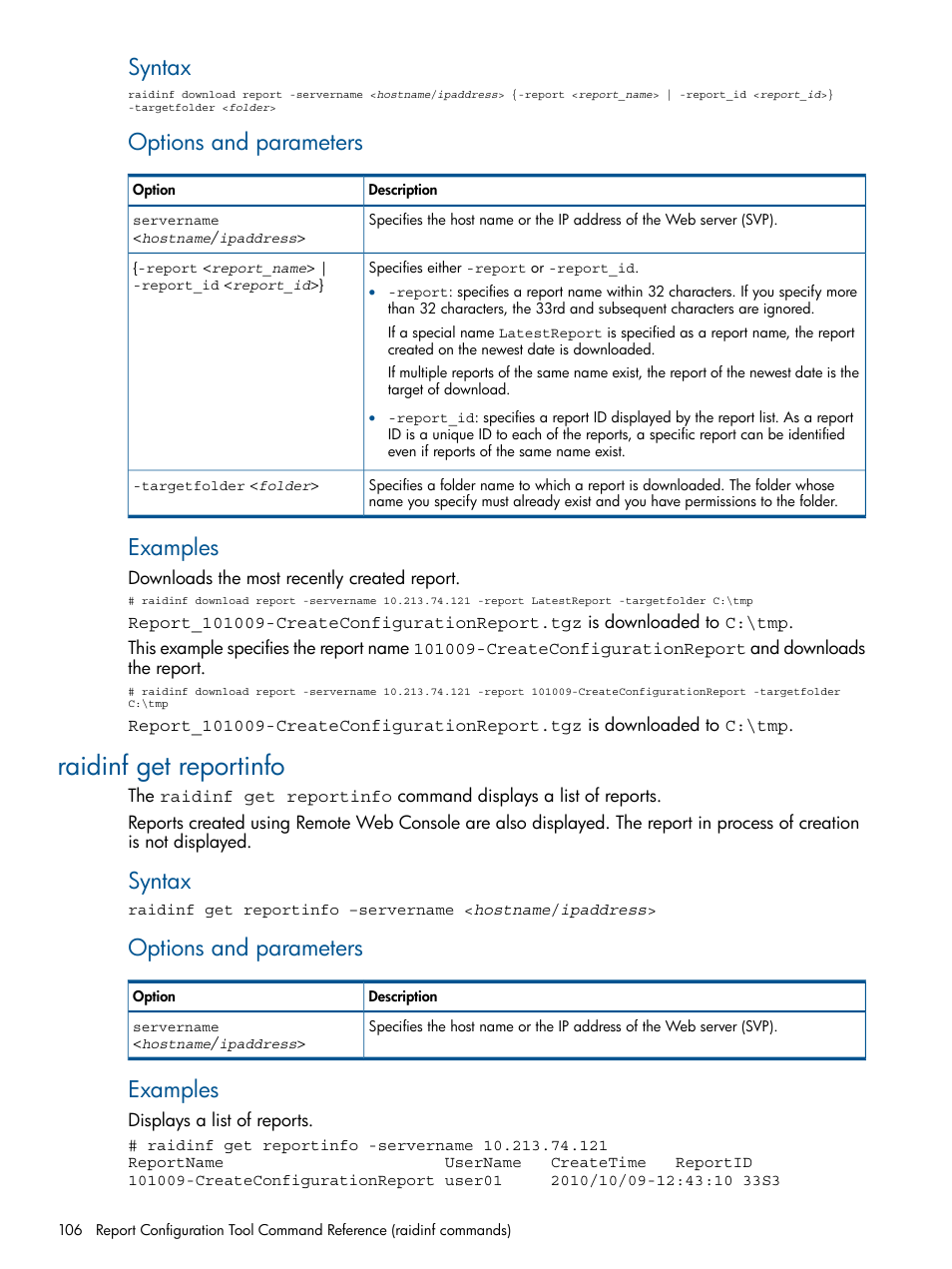Raidinf get reportinfo, Syntax, Options and parameters | Examples | HP XP RAID Manager Software User Manual | Page 106 / 182