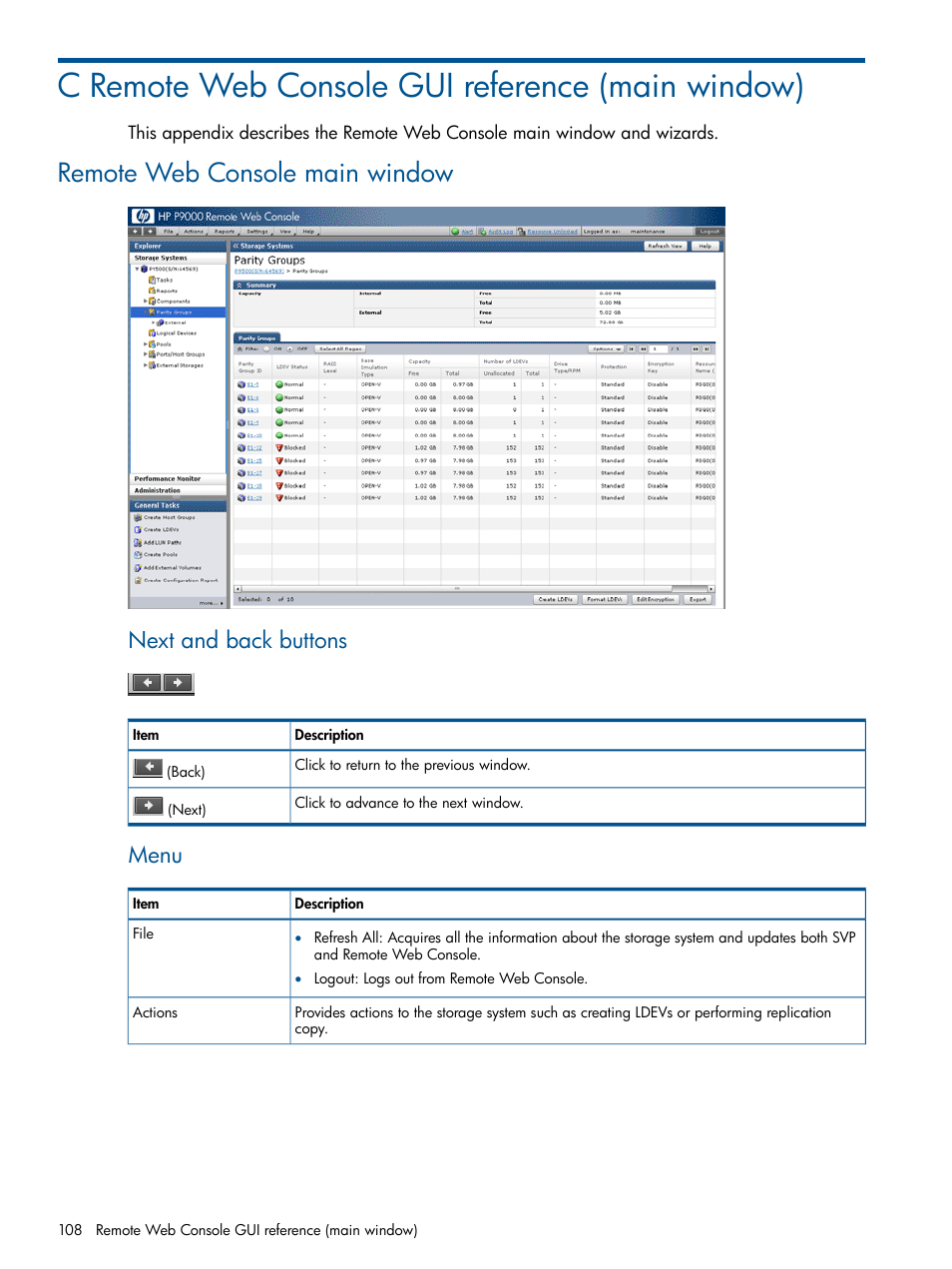 C remote web console gui reference (main window), Remote web console main window, Remote web | Next and back buttons, Menu | HP XP RAID Manager Software User Manual | Page 108 / 182