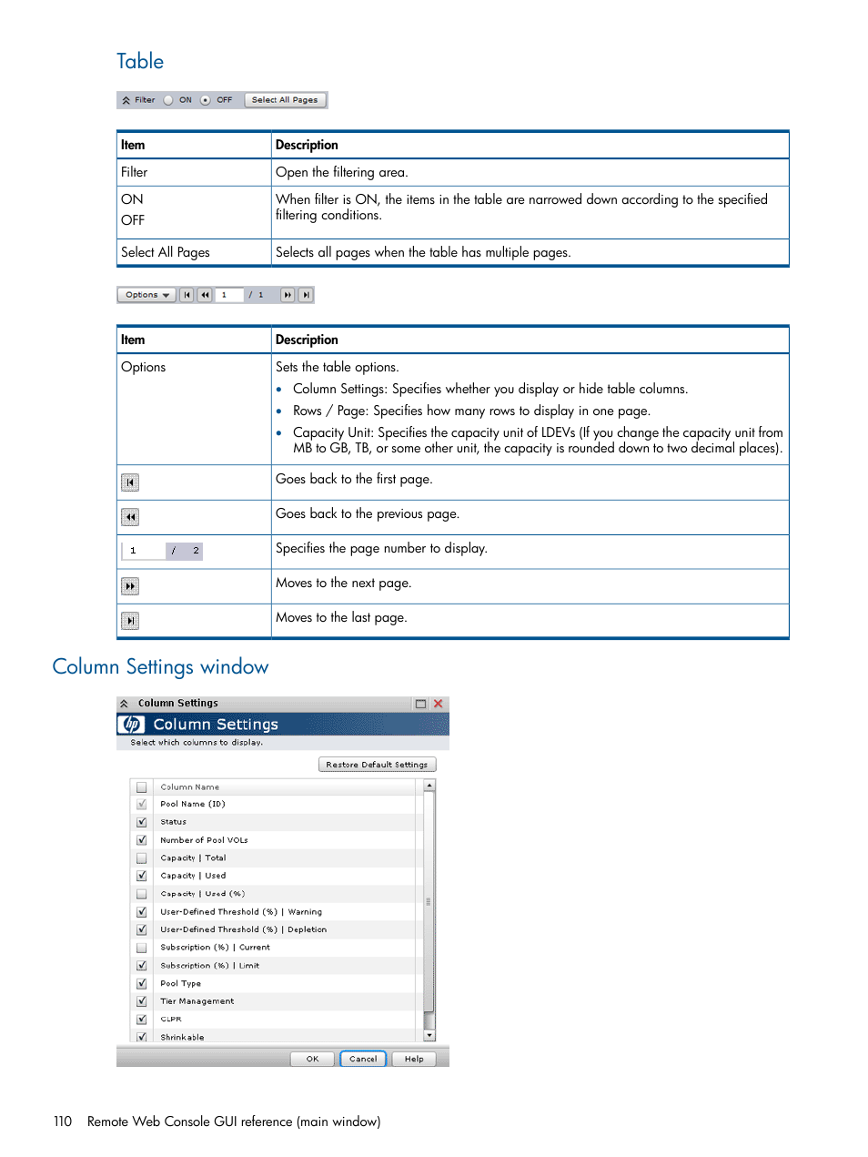 Column settings window, Table | HP XP RAID Manager Software User Manual | Page 110 / 182