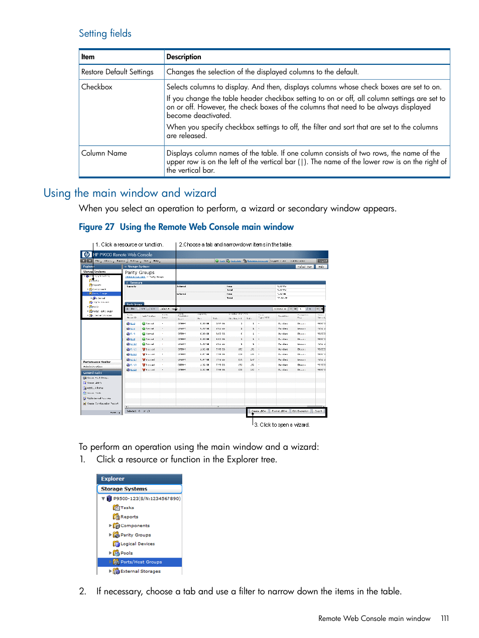 Using the main window and wizard | HP XP RAID Manager Software User Manual | Page 111 / 182
