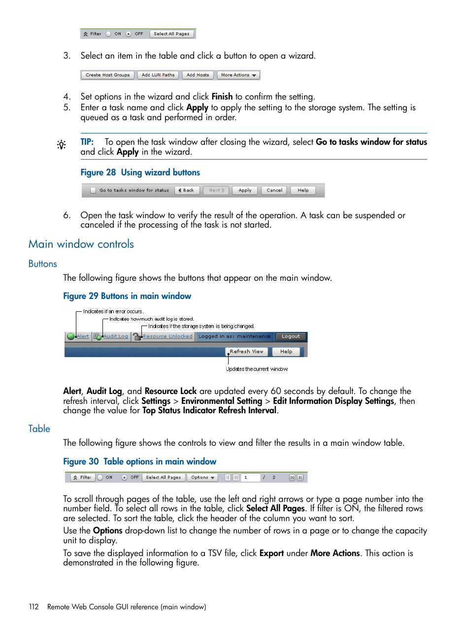 Main window controls, Buttons, Table | Buttons table | HP XP RAID Manager Software User Manual | Page 112 / 182