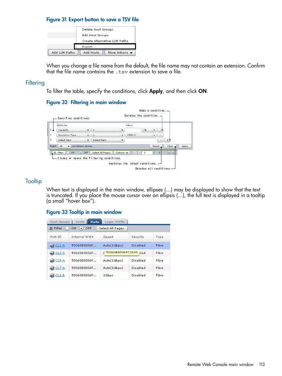 Filtering, Tooltip, Filtering tooltip | HP XP RAID Manager Software User Manual | Page 113 / 182