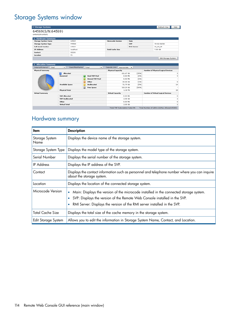 Storage systems window, Hardware summary | HP XP RAID Manager Software User Manual | Page 114 / 182