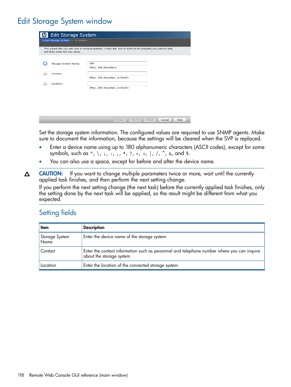 Edit storage system window, Setting fields | HP XP RAID Manager Software User Manual | Page 118 / 182