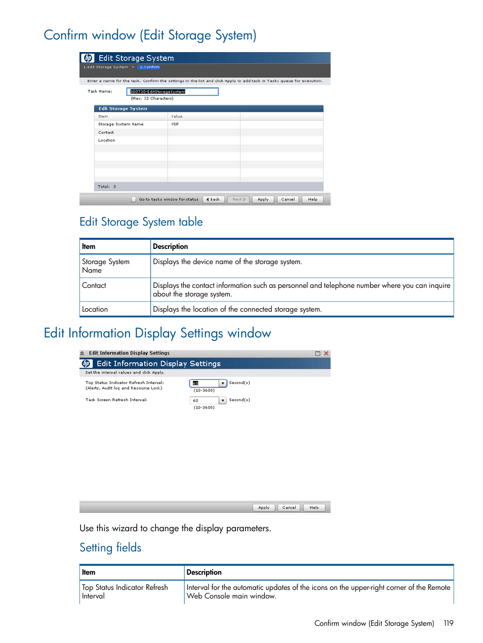 Confirm window (edit storage system), Edit information display settings window, Edit storage system table | Setting fields | HP XP RAID Manager Software User Manual | Page 119 / 182