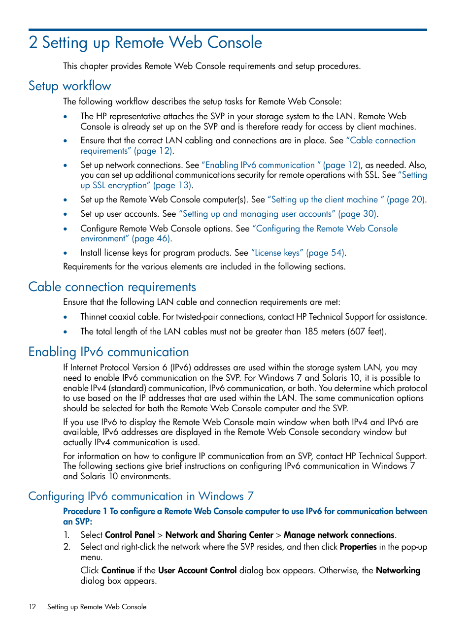 2 setting up remote web console, Setup workflow, Cable connection requirements | Enabling ipv6 communication, Configuring ipv6 communication in windows 7 | HP XP RAID Manager Software User Manual | Page 12 / 182