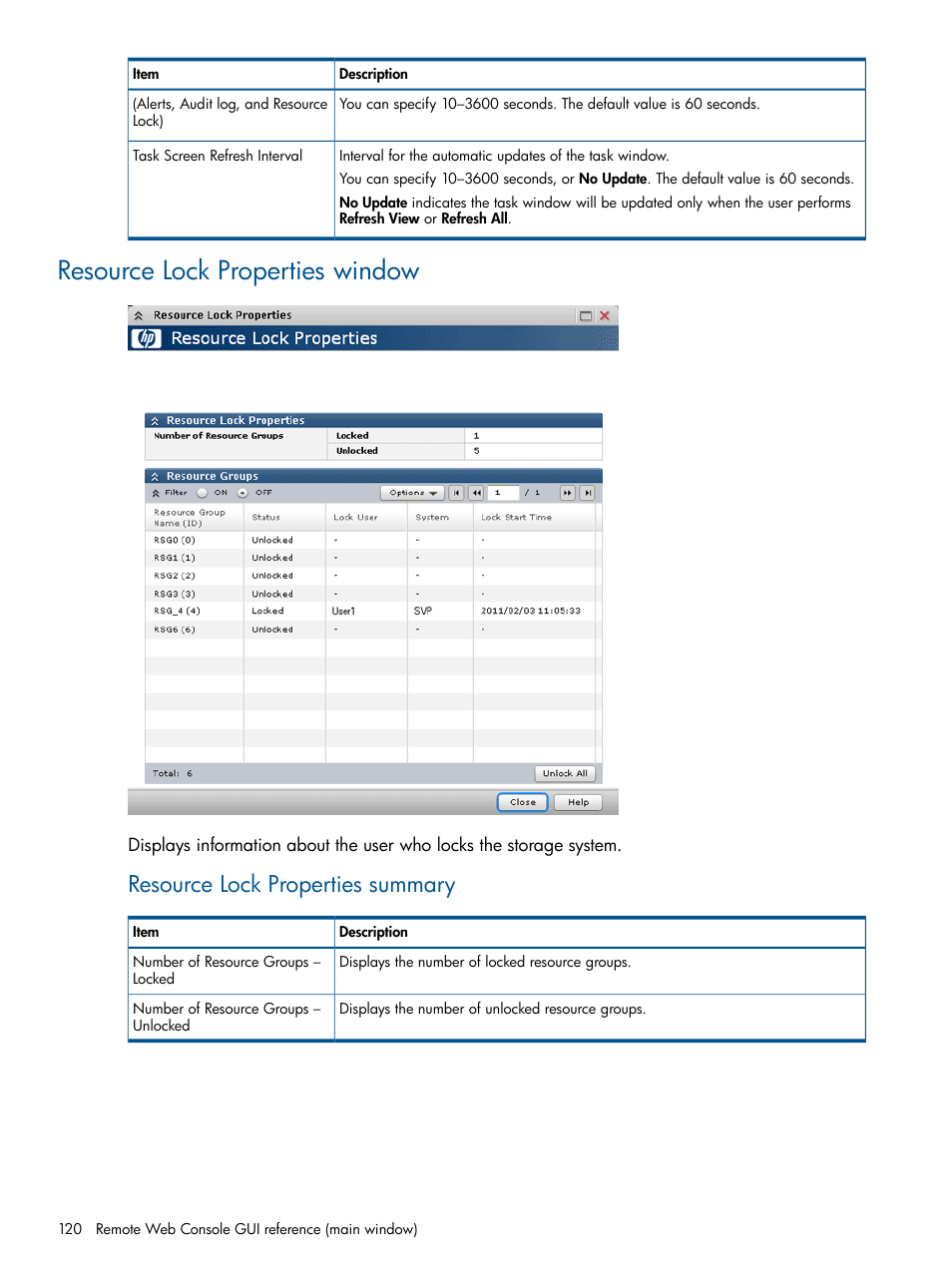 Resource lock properties window, Resource lock properties summary | HP XP RAID Manager Software User Manual | Page 120 / 182