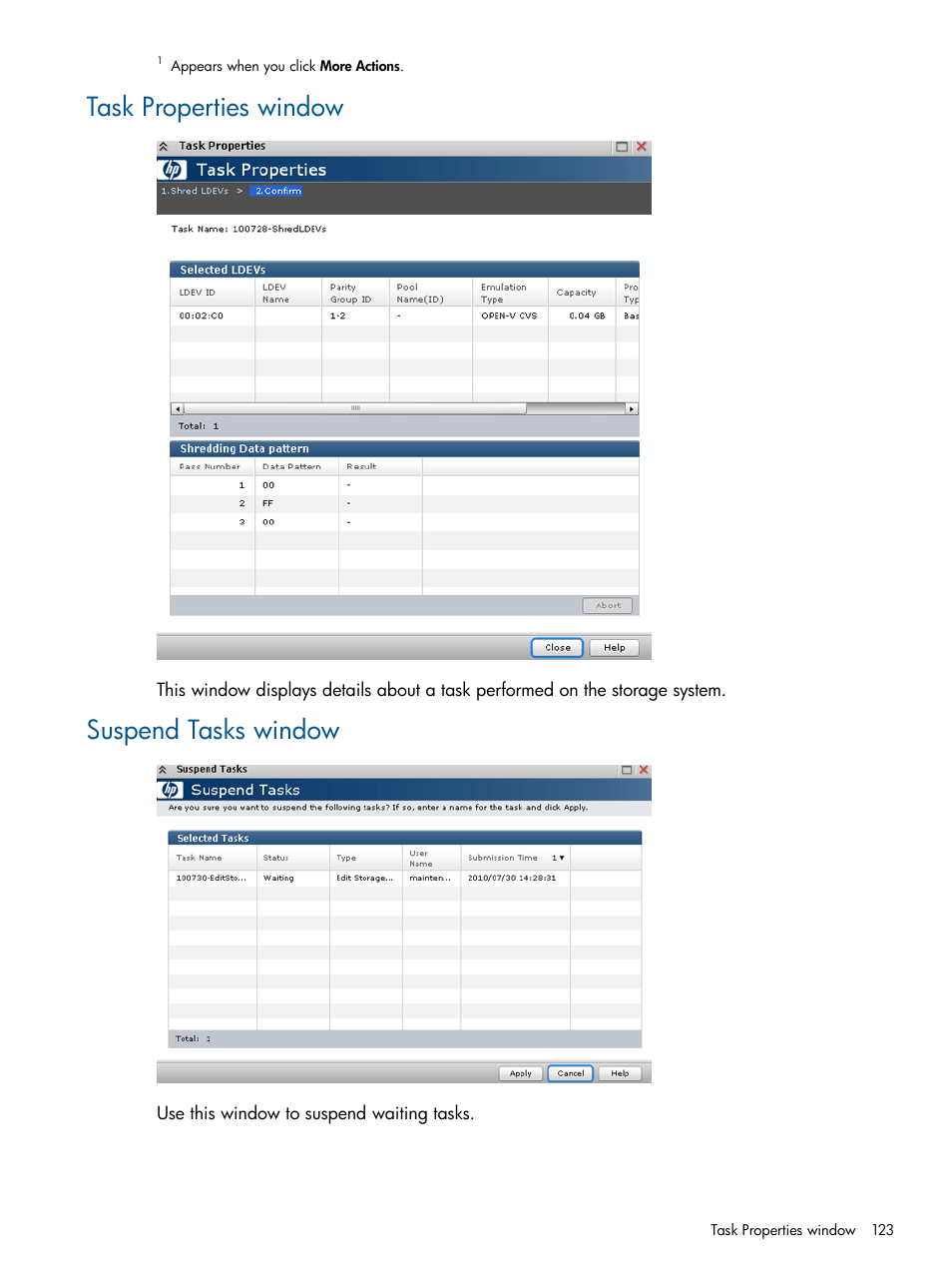 Task properties window, Suspend tasks window, Task properties window suspend tasks window | HP XP RAID Manager Software User Manual | Page 123 / 182