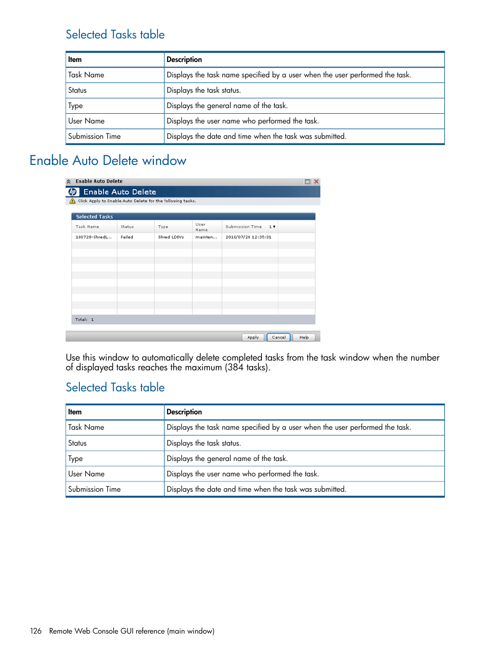 Enable auto delete window, Selected tasks table | HP XP RAID Manager Software User Manual | Page 126 / 182