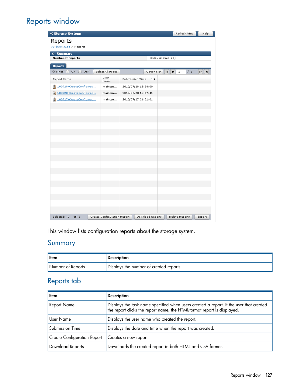 Reports window, Summary, Reports tab | HP XP RAID Manager Software User Manual | Page 127 / 182