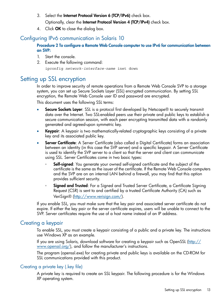 Configuring ipv6 communication in solaris 10, Setting up ssl encryption, Creating a keypair | Creating a private key (.key file), Setting | HP XP RAID Manager Software User Manual | Page 13 / 182