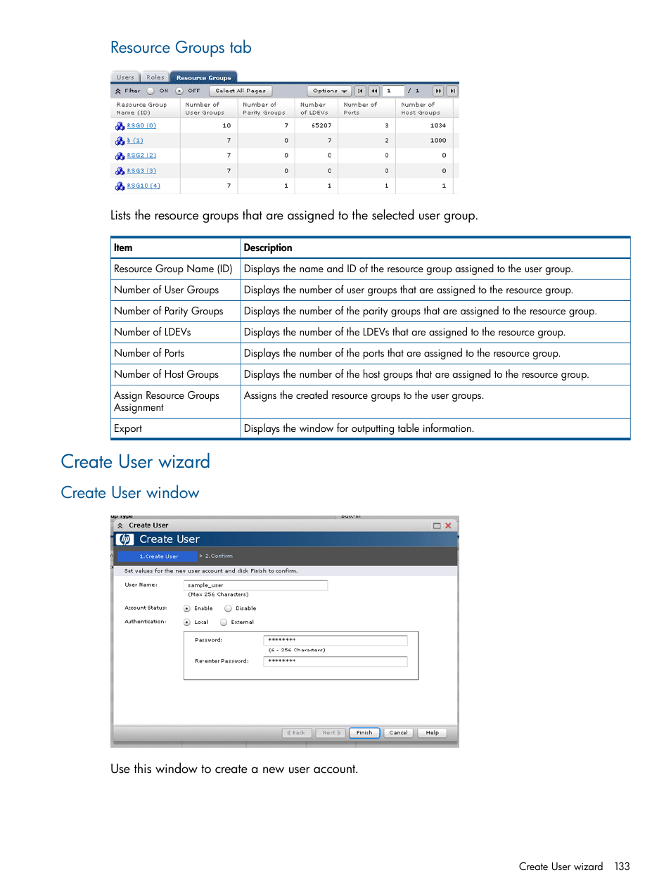Create user wizard, Create user window, Resource groups tab | HP XP RAID Manager Software User Manual | Page 133 / 182